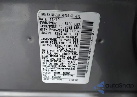 2011 Nissan Murano S from USA, damaged, VIN JN8AZ1MU8BW055135